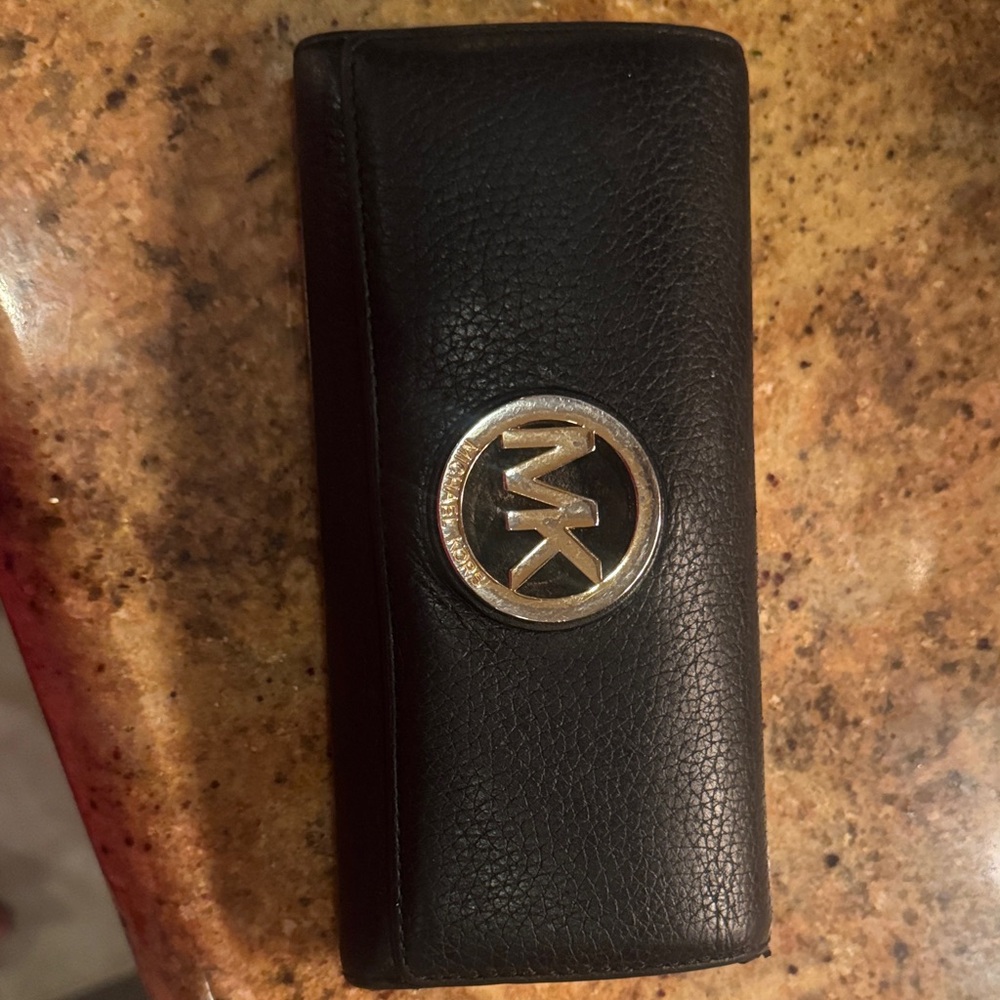 Michael Kors Black Pebbled Leather Key & Card Case with Silver MK Medallion